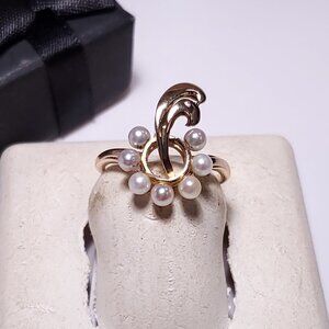Vintage 2.9mm 7 Cultured Pearl Circle w/shooting Gold design 14Kt Y/G Ring#23415